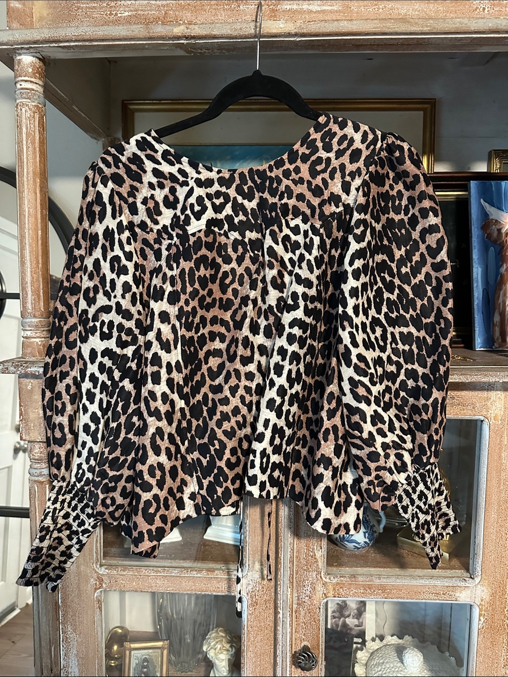 Ganni Leopard Tie Front / Back Long Sleeve Blouse